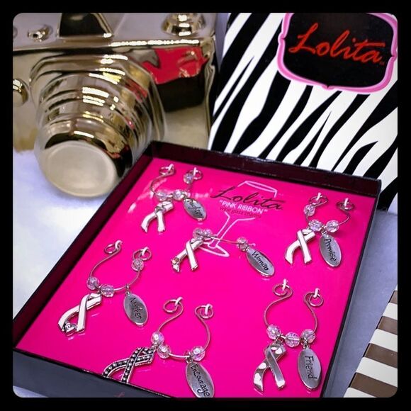 LOLITA Wine Glass Charms  Pink Ribbon Edition NIB - Picture 1 of 6